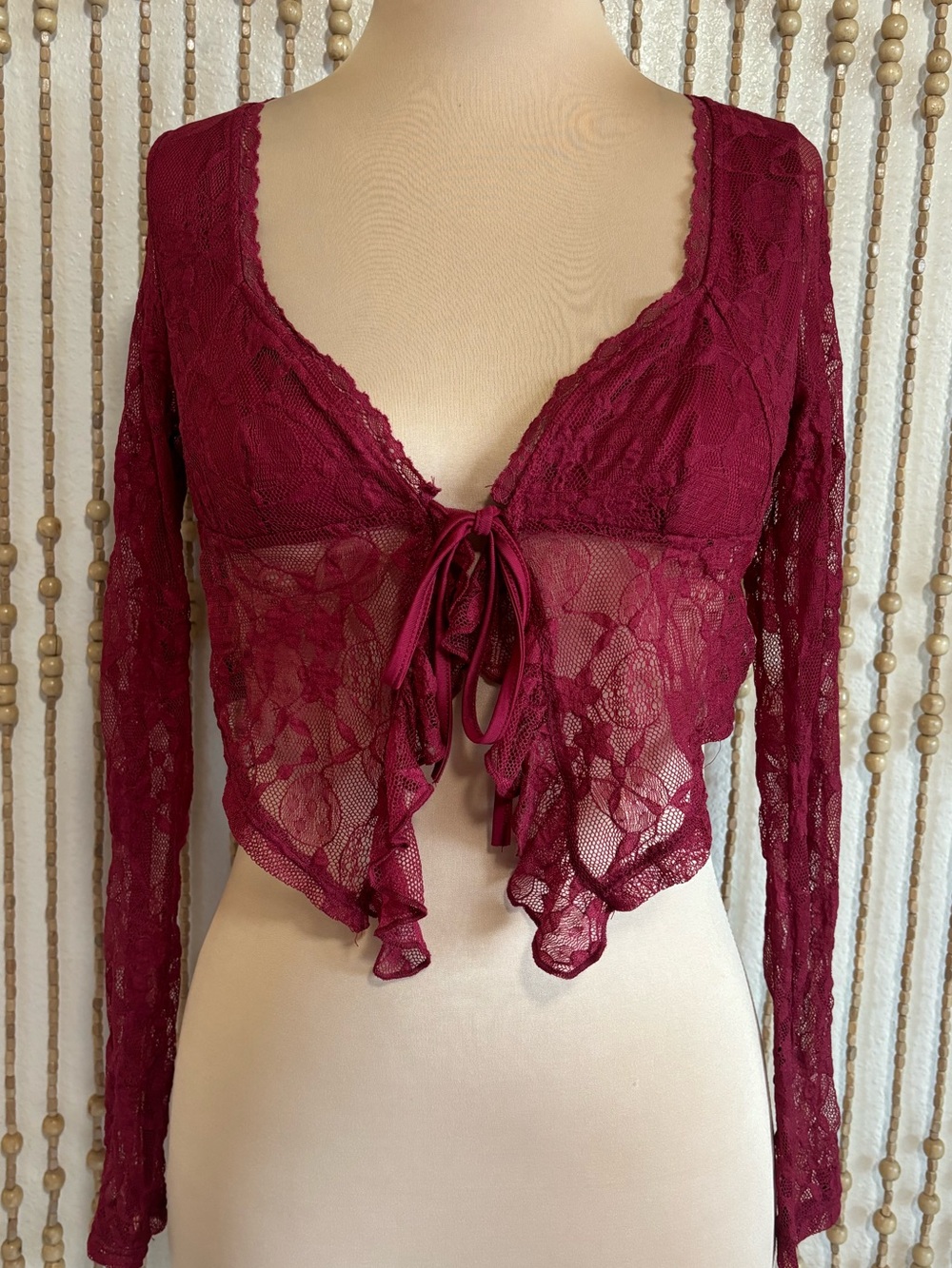Wine Lace Whimsygoth Fairy Sultry Lace Sheer Tie Front Long Sleeve Cover Up Sm